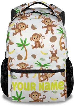 Customized Monkey Backpack - 16 Inches Cartoon Personalized Backpacks for School - White Lightweight Bookbag for Kindergarten