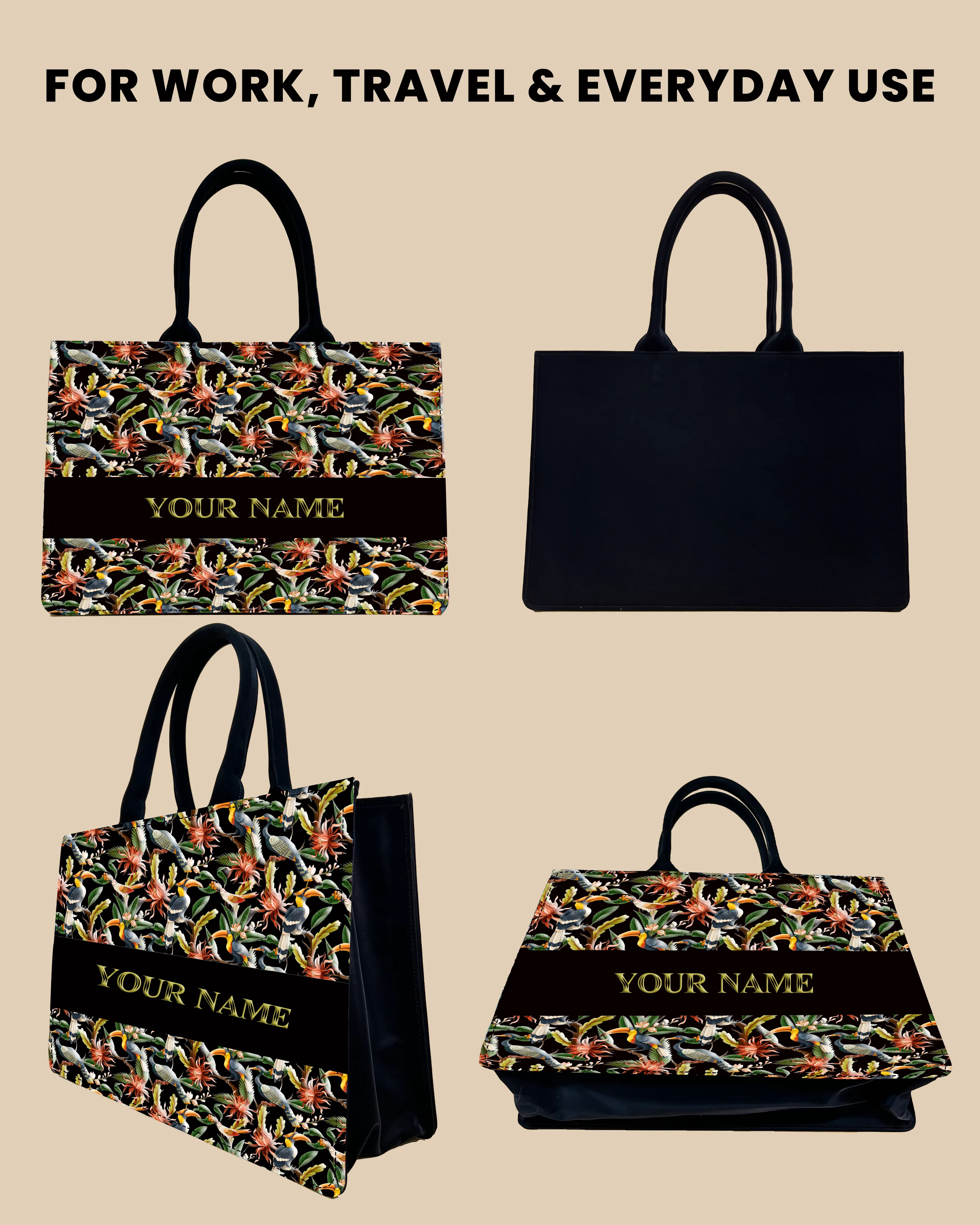 Customized Tote Bag Designed with Hornbill , Carens Birds And Tropical Flowers