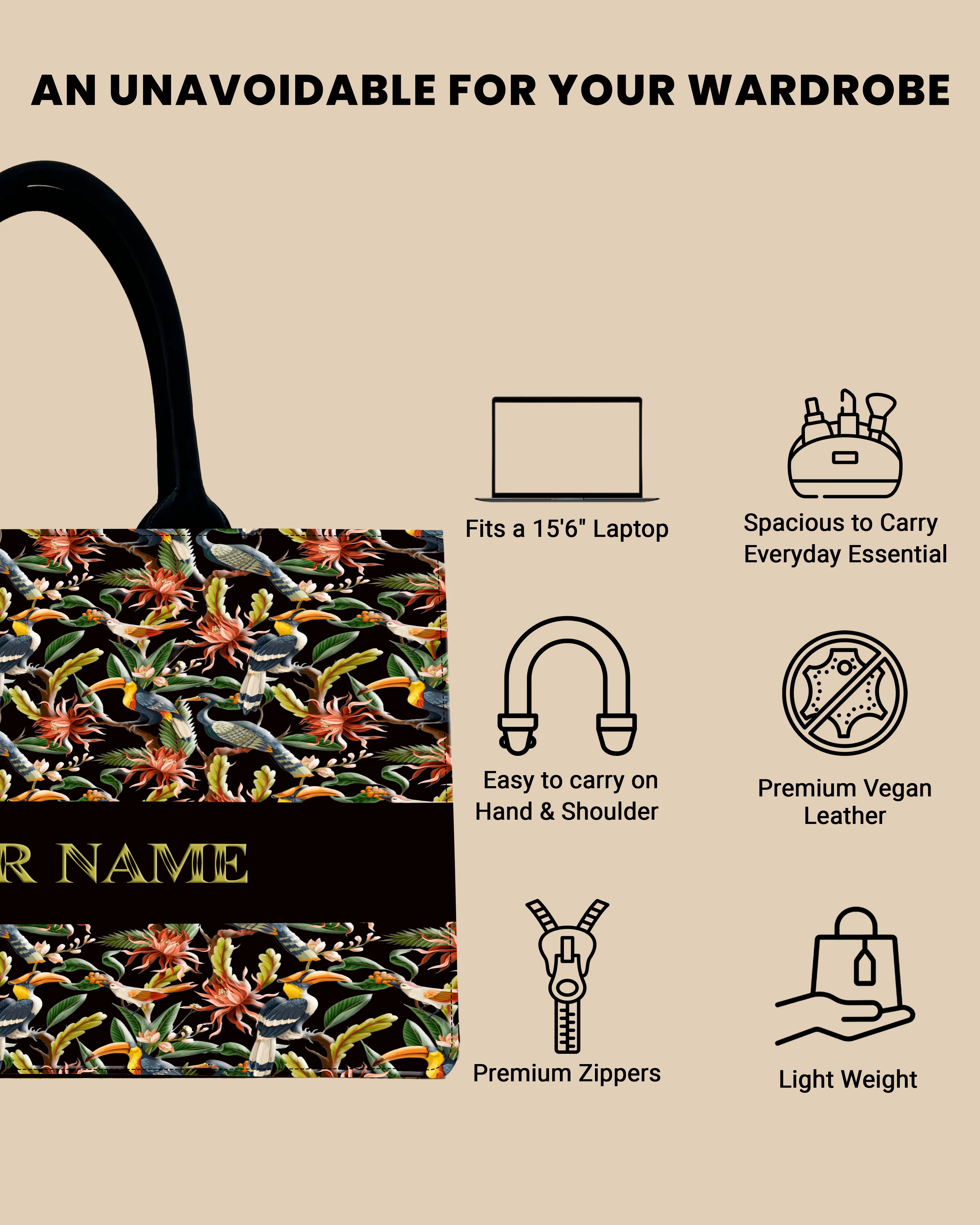 Customized Tote Bag Designed with Hornbill , Carens Birds And Tropical Flowers