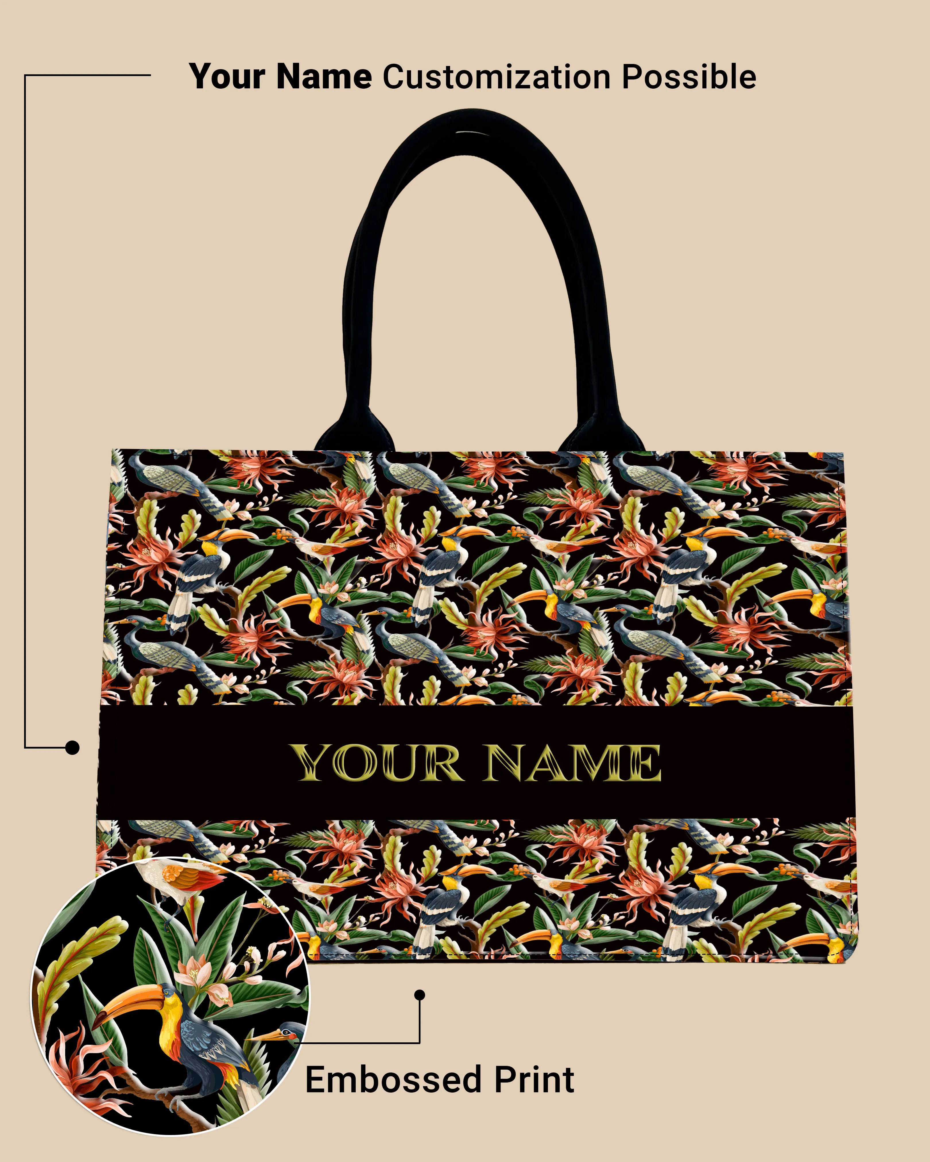 Customized Tote Bag Designed with Hornbill , Carens Birds And Tropical Flowers