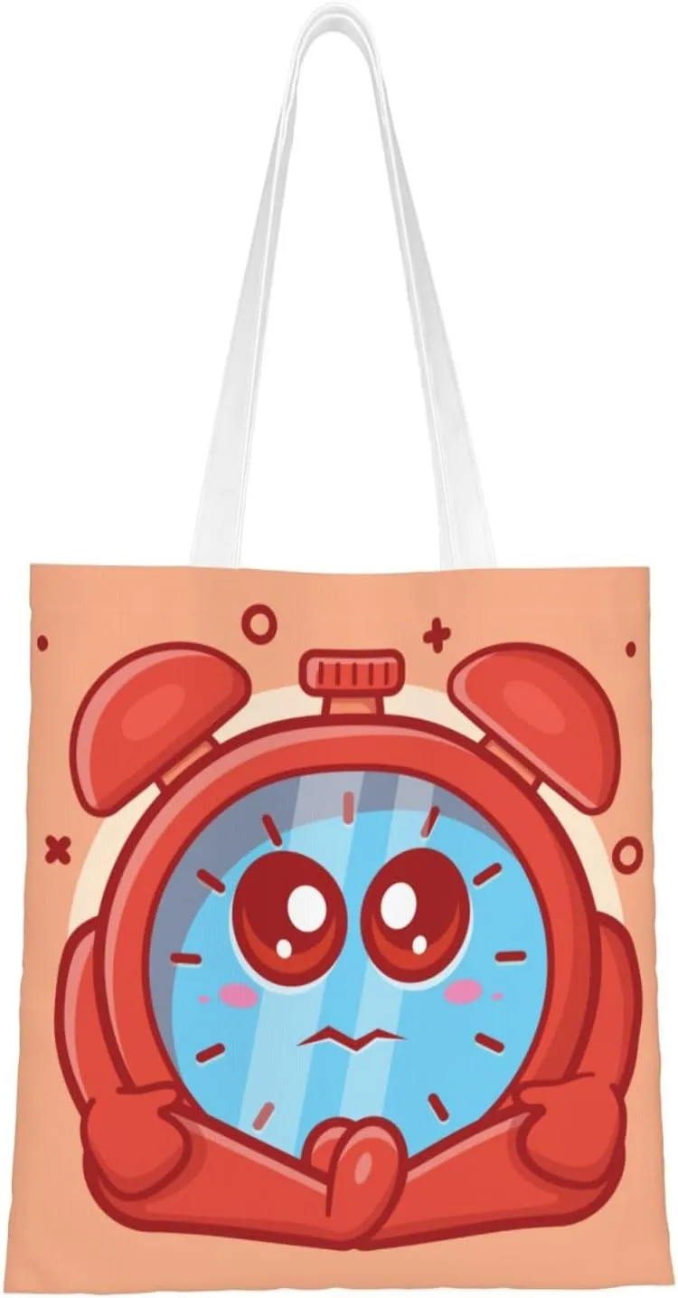 Cute Alarm Clock Tote Bag for Women Canvas Shopping Bags Reusable Beach Bag Grocery Bags Tote Shoulder Bag Gift Bags
