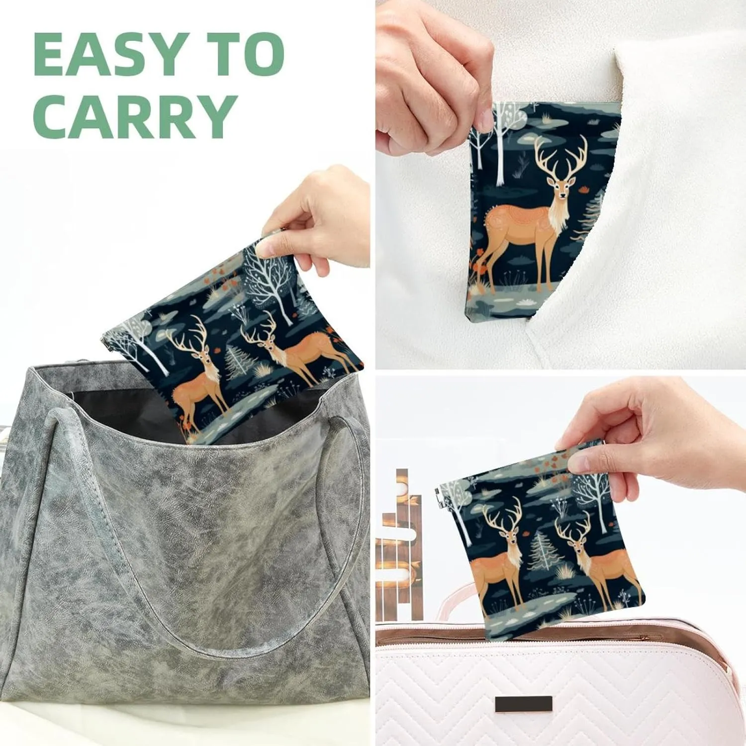 Cute Christmas Elk-1876 Pocket Cosmetic Bag, Waterproof Squeeze Makeup Bag No Zipper Self-Closing, Portable Mini Travel Storage for Headphones Jewelry