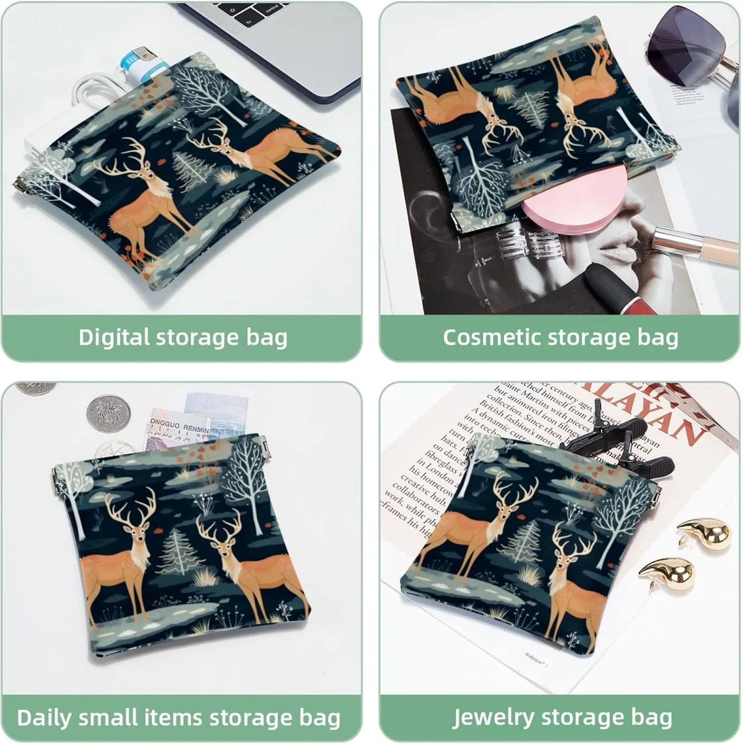 Cute Christmas Elk-1876 Pocket Cosmetic Bag, Waterproof Squeeze Makeup Bag No Zipper Self-Closing, Portable Mini Travel Storage for Headphones Jewelry