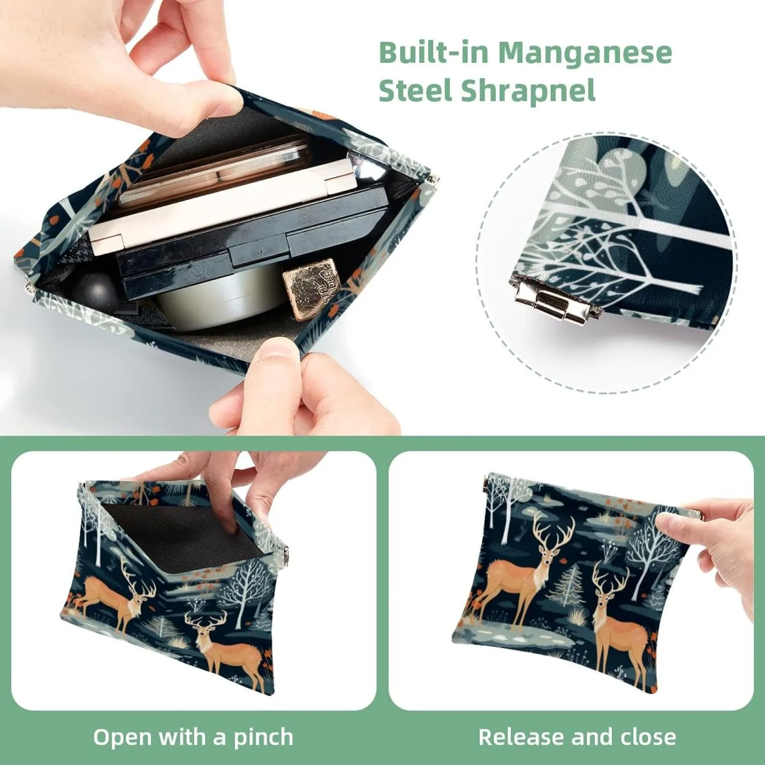 Cute Christmas Elk-1876 Pocket Cosmetic Bag, Waterproof Squeeze Makeup Bag No Zipper Self-Closing, Portable Mini Travel Storage for Headphones Jewelry