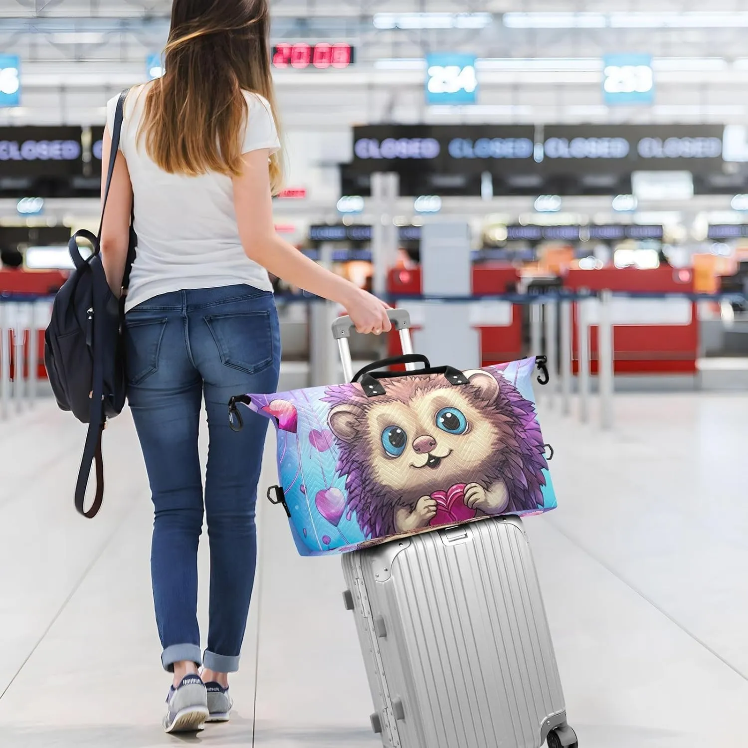 Cute Hedgehog with Hearts Duffle Bags Travel Tote Bag Gym Bags for Men Weekender Bags