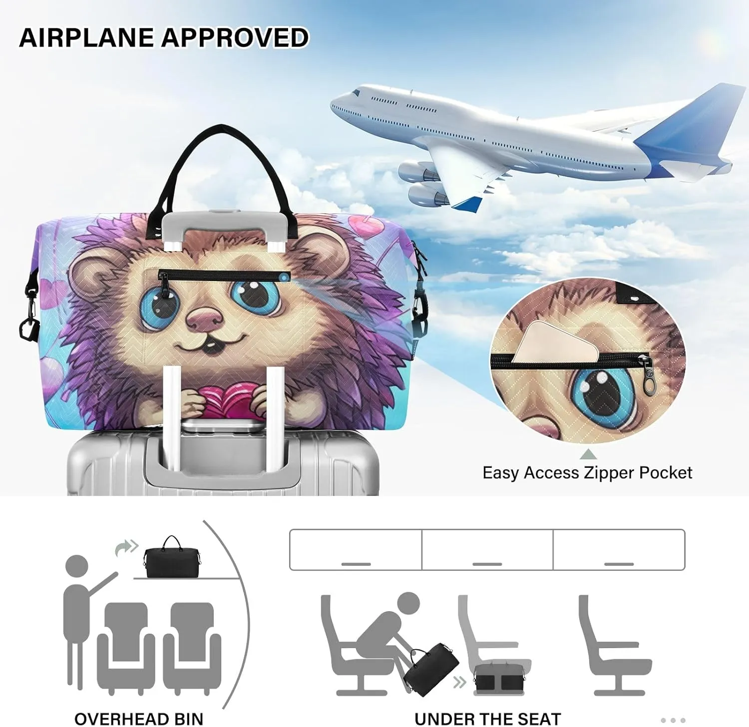 Cute Hedgehog with Hearts Duffle Bags Travel Tote Bag Gym Bags for Men Weekender Bags