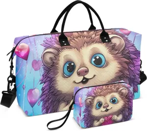 Cute Hedgehog with Hearts Duffle Bags Travel Tote Bag Gym Bags for Men Weekender Bags