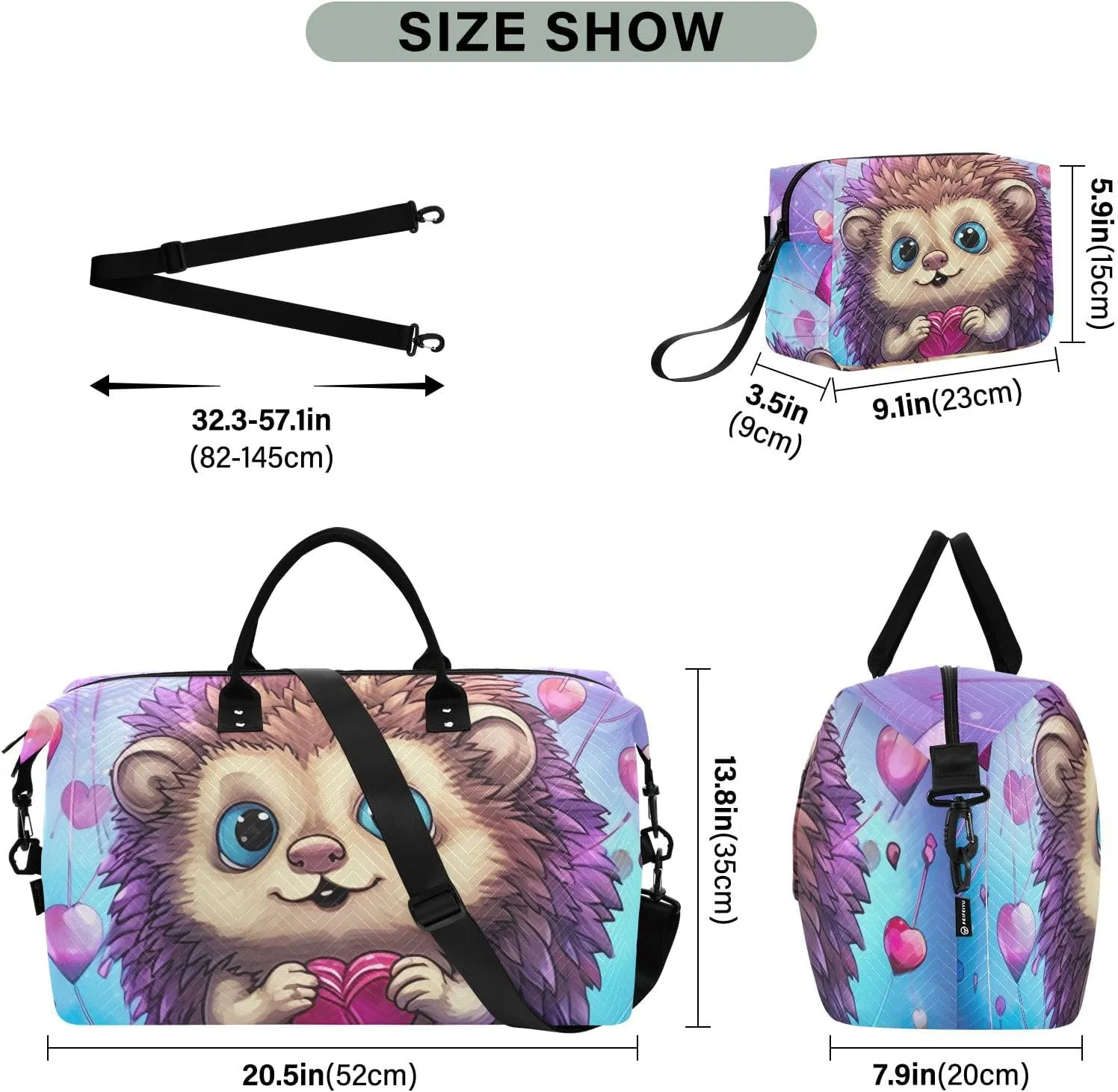 Cute Hedgehog with Hearts Duffle Bags Travel Tote Bag Gym Bags for Men Weekender Bags