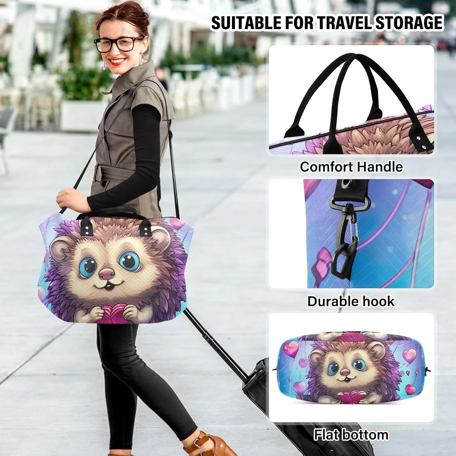 Cute Hedgehog with Hearts Duffle Bags Travel Tote Bag Gym Bags for Men Weekender Bags