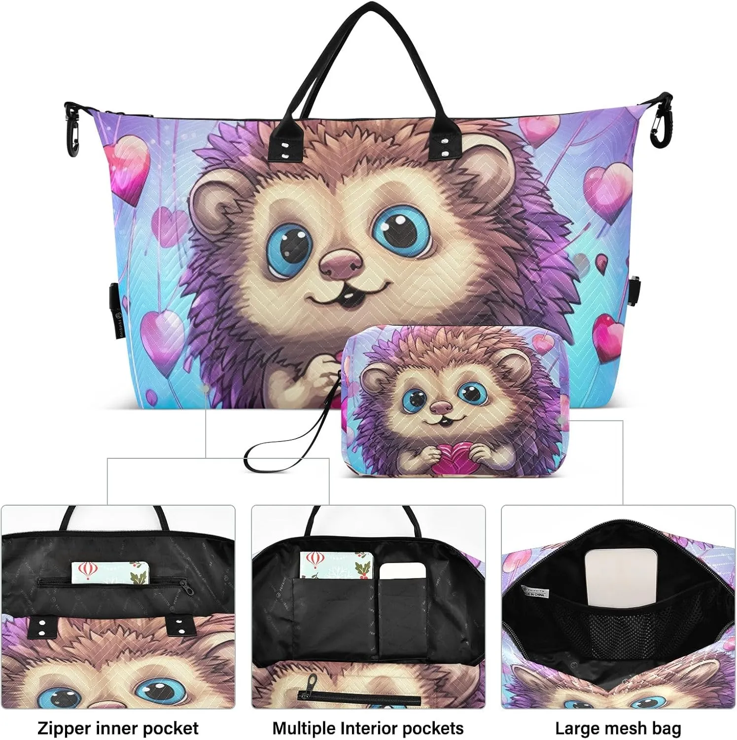 Cute Hedgehog with Hearts Duffle Bags Travel Tote Bag Gym Bags for Men Weekender Bags