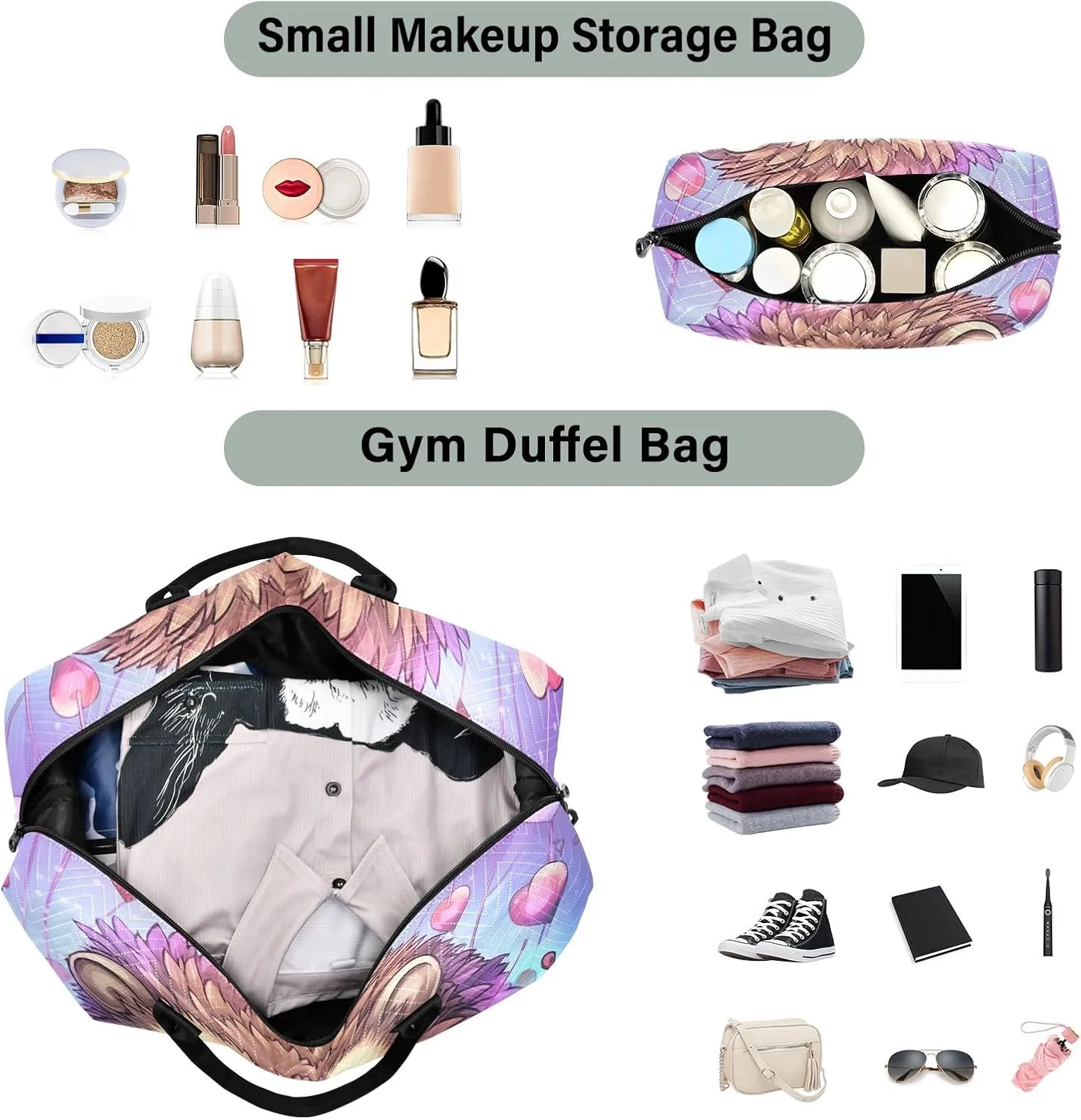 Cute Hedgehog with Hearts Duffle Bags Travel Tote Bag Gym Bags for Men Weekender Bags