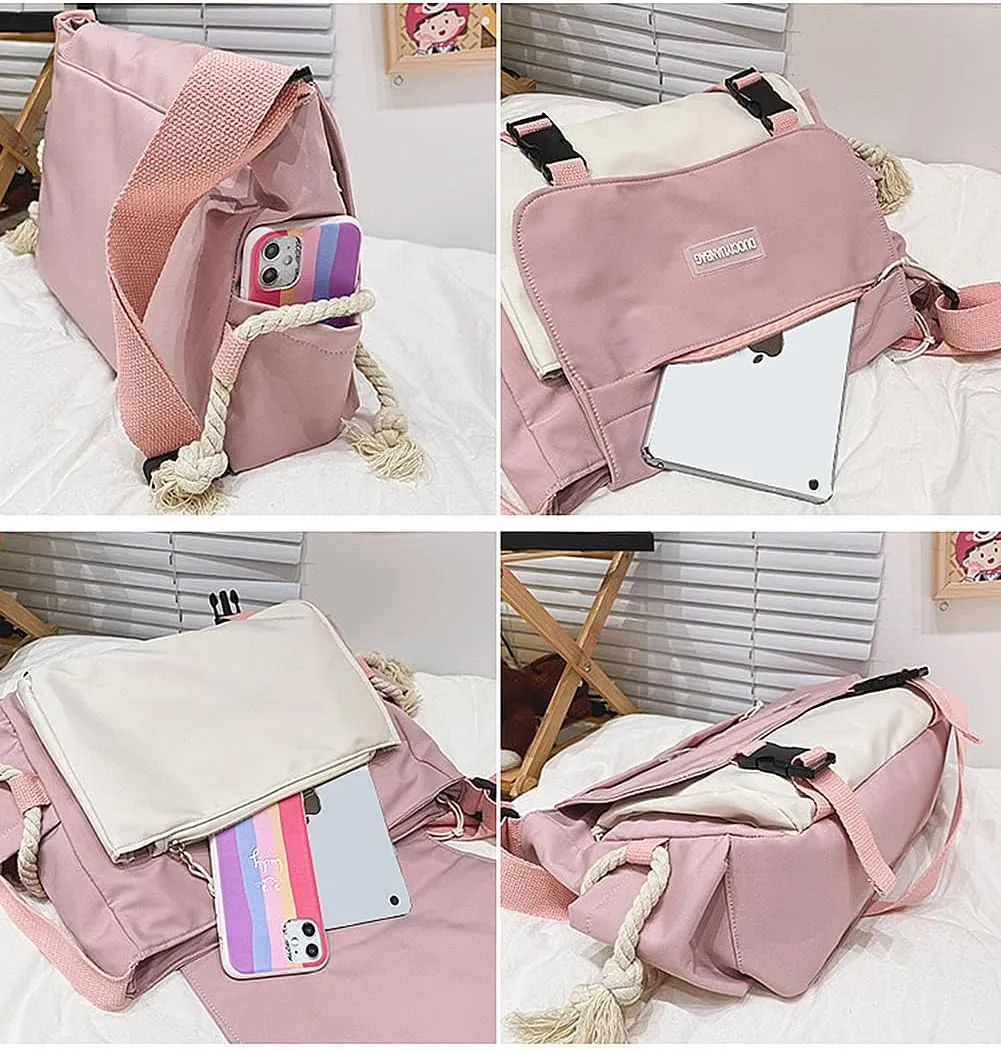 Cute Messenger Bag for Teen Girls Women, Kawaii Crossbody Shoulder Purse with Pins and Stuffed Pendant Gift