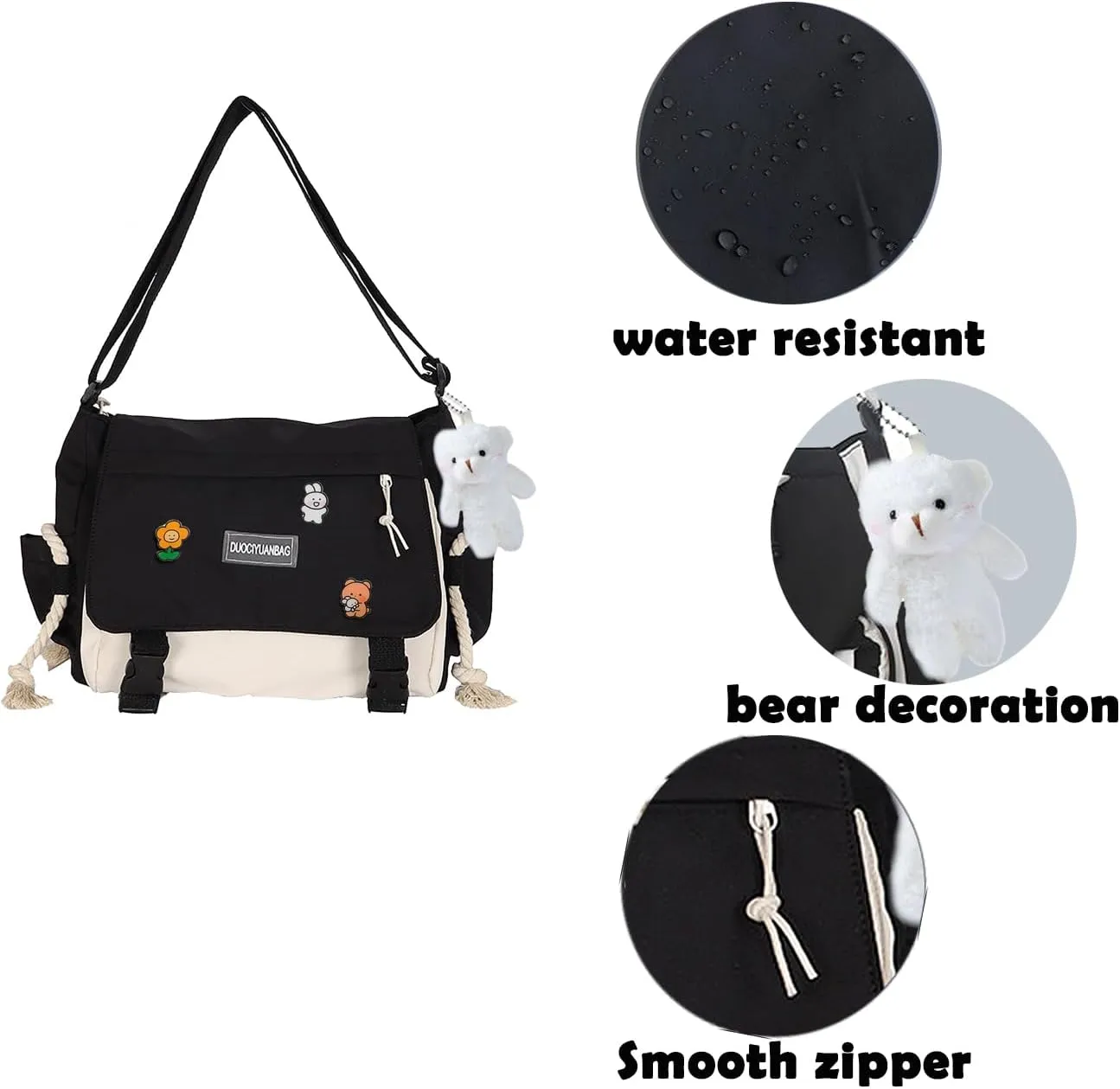 Cute Messenger Bag for Teen Girls Women, Kawaii Crossbody Shoulder Purse with Pins and Stuffed Pendant Gift