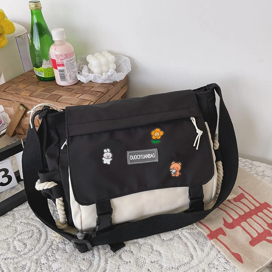 Cute Messenger Bag for Teen Girls Women, Kawaii Crossbody Shoulder Purse with Pins and Stuffed Pendant Gift