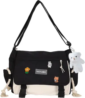 Cute Messenger Bag for Teen Girls Women, Kawaii Crossbody Shoulder Purse with Pins and Stuffed Pendant Gift