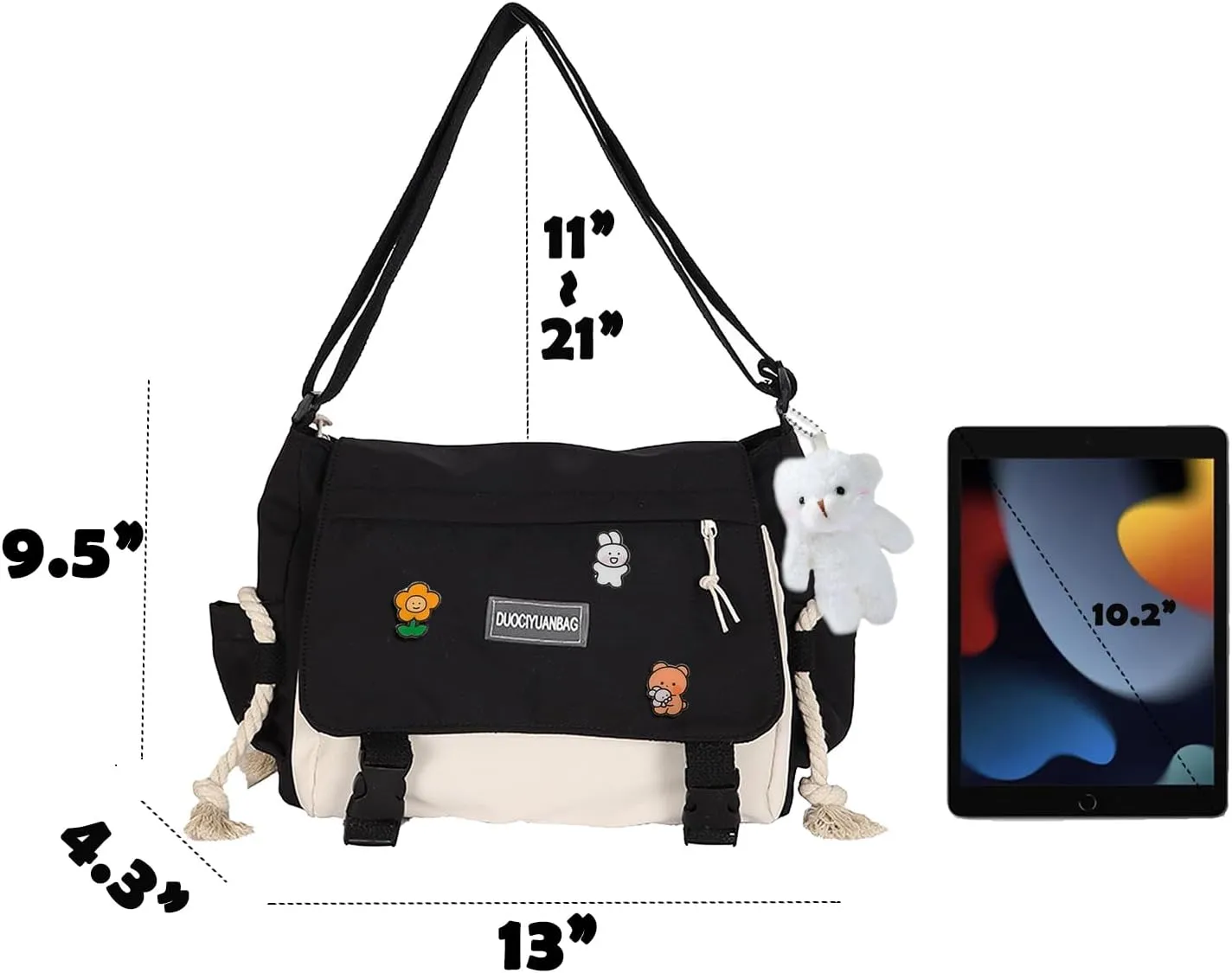 Cute Messenger Bag for Teen Girls Women, Kawaii Crossbody Shoulder Purse with Pins and Stuffed Pendant Gift