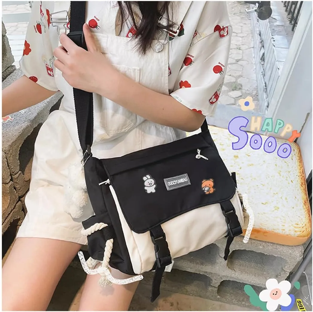 Cute Messenger Bag for Teen Girls Women, Kawaii Crossbody Shoulder Purse with Pins and Stuffed Pendant Gift