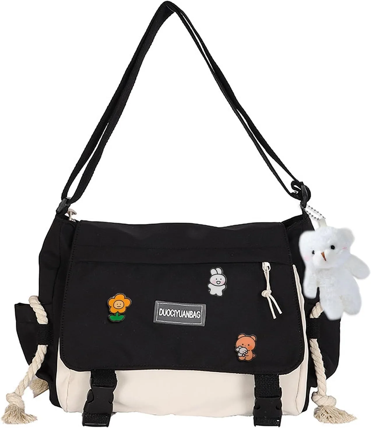 Cute Messenger Bag for Teen Girls Women, Kawaii Crossbody Shoulder Purse with Pins and Stuffed Pendant Gift