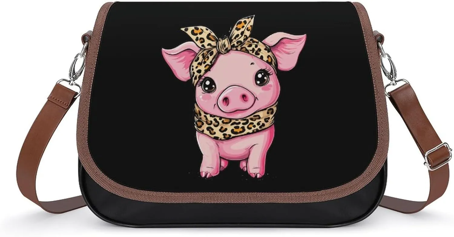Cute Pigs Piggy Wearing Leopard Bandanna Crossbody Bags for Women Leather Tote Bag Handbag Purse for Work Travel