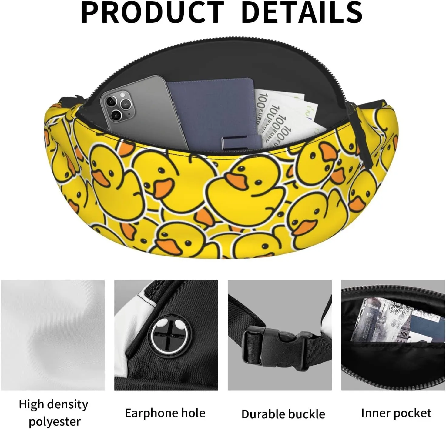 Cute Rubber Ducky Fanny Pack Crossbody Waist Bag Pack for Men Women. Belt Bag for Travel Walking Running Hiking Fishing.