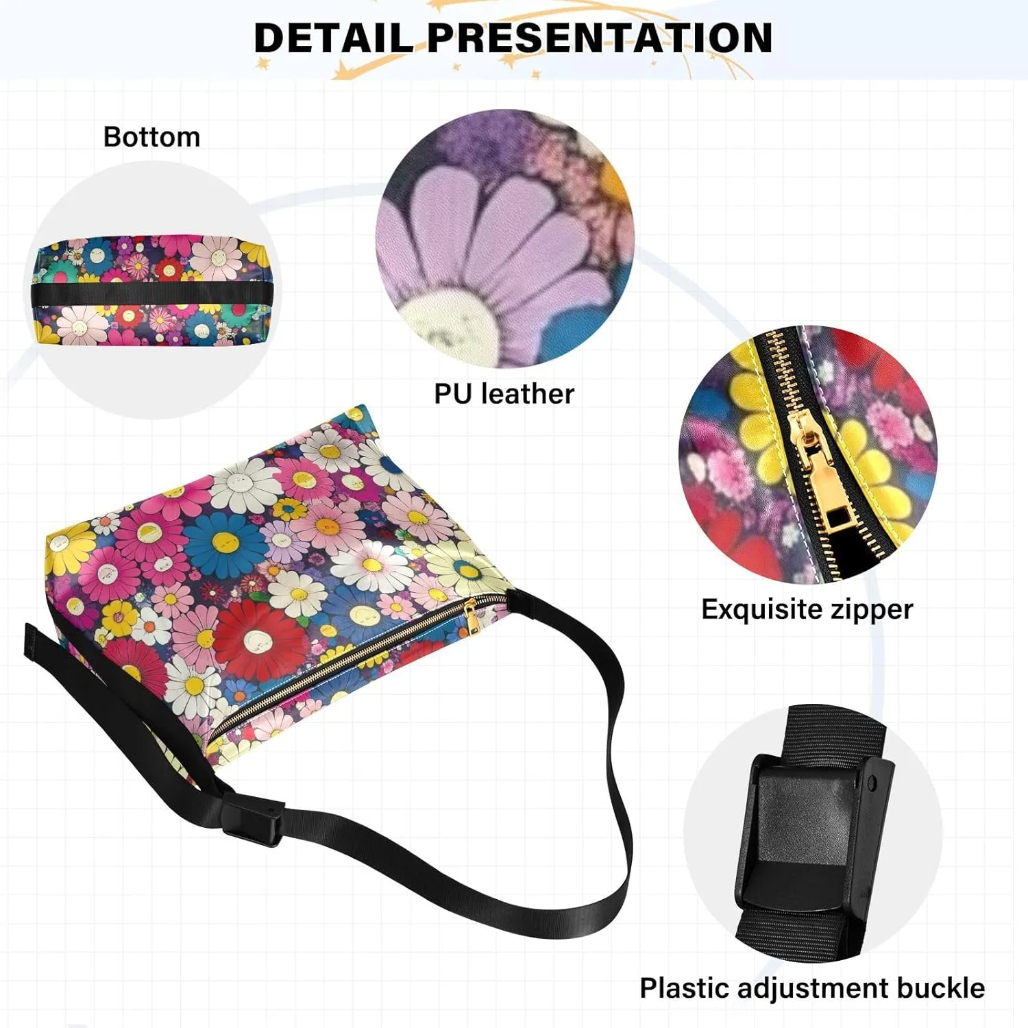 Daisy Print Sling Bag for Women Crossbody Purse Leather Shoulder Handbag Purses for Women with Adjustable Wide Strap