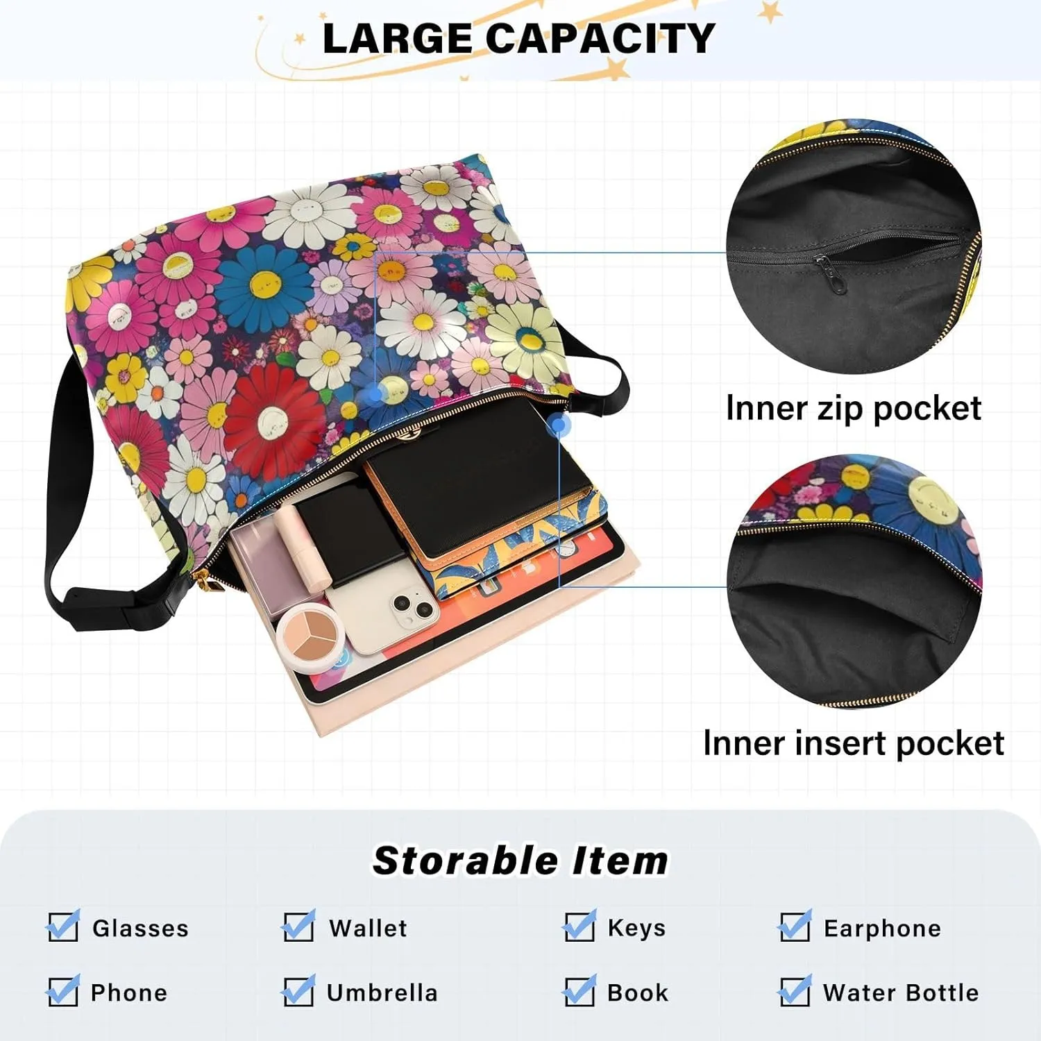 Daisy Print Sling Bag for Women Crossbody Purse Leather Shoulder Handbag Purses for Women with Adjustable Wide Strap