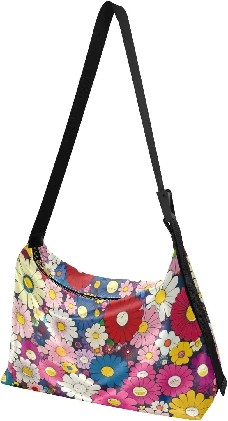 Daisy Print Sling Bag for Women Crossbody Purse Leather Shoulder Handbag Purses for Women with Adjustable Wide Strap