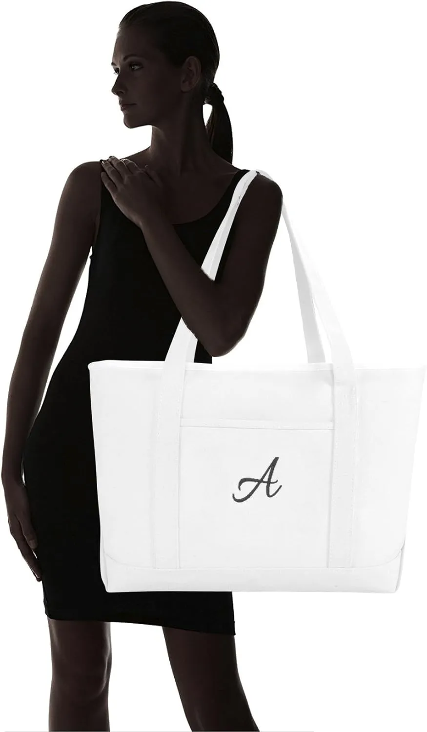 DALIX Large Canvas Tote Bag for Women Work Bag Beach Totes Monogrammed White A - Z