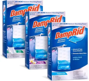 Damp Rid Hanging Bag Moisture Absorbers - 3 Packs of 3-15.4oz (Pure Linen, Lavender Vanilla, Fragrance Free) - Closet Deodorizer Odor Eliminator, 10% More Moisture Absorbing Power - Ilios Packaging