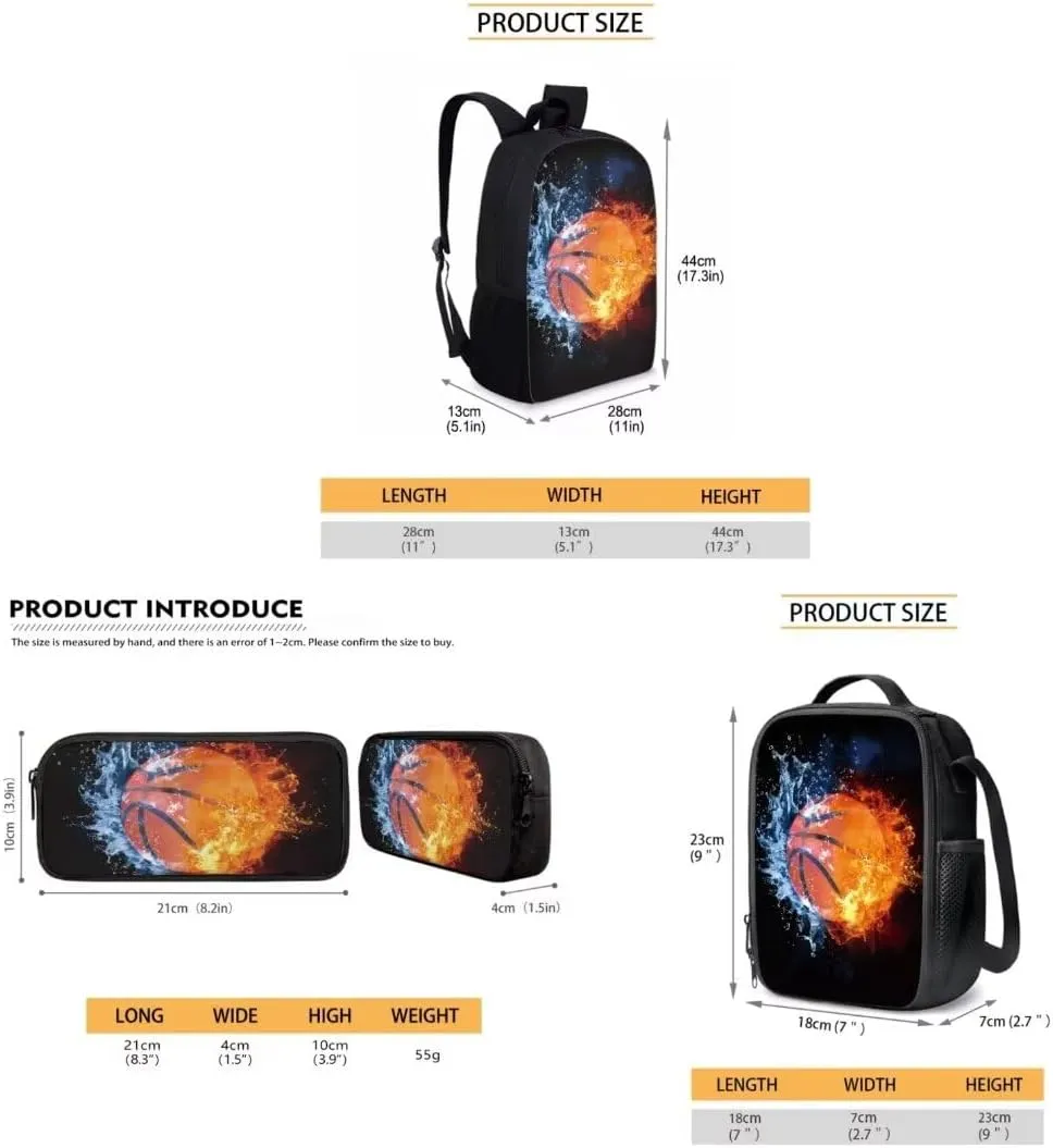 Dellukee Lightweight Backpacks For Elementary School Kids Boys Girls Backpack With Lunch Bag Pencil Case Basketball Fire Water Print