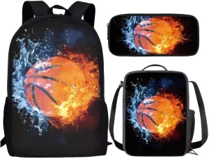 Dellukee Lightweight Backpacks For Elementary School Kids Boys Girls Backpack With Lunch Bag Pencil Case Basketball Fire Water Print