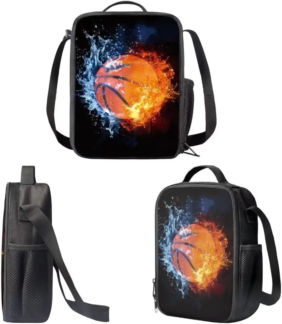 Dellukee Lightweight Backpacks For Elementary School Kids Boys Girls Backpack With Lunch Bag Pencil Case Basketball Fire Water Print