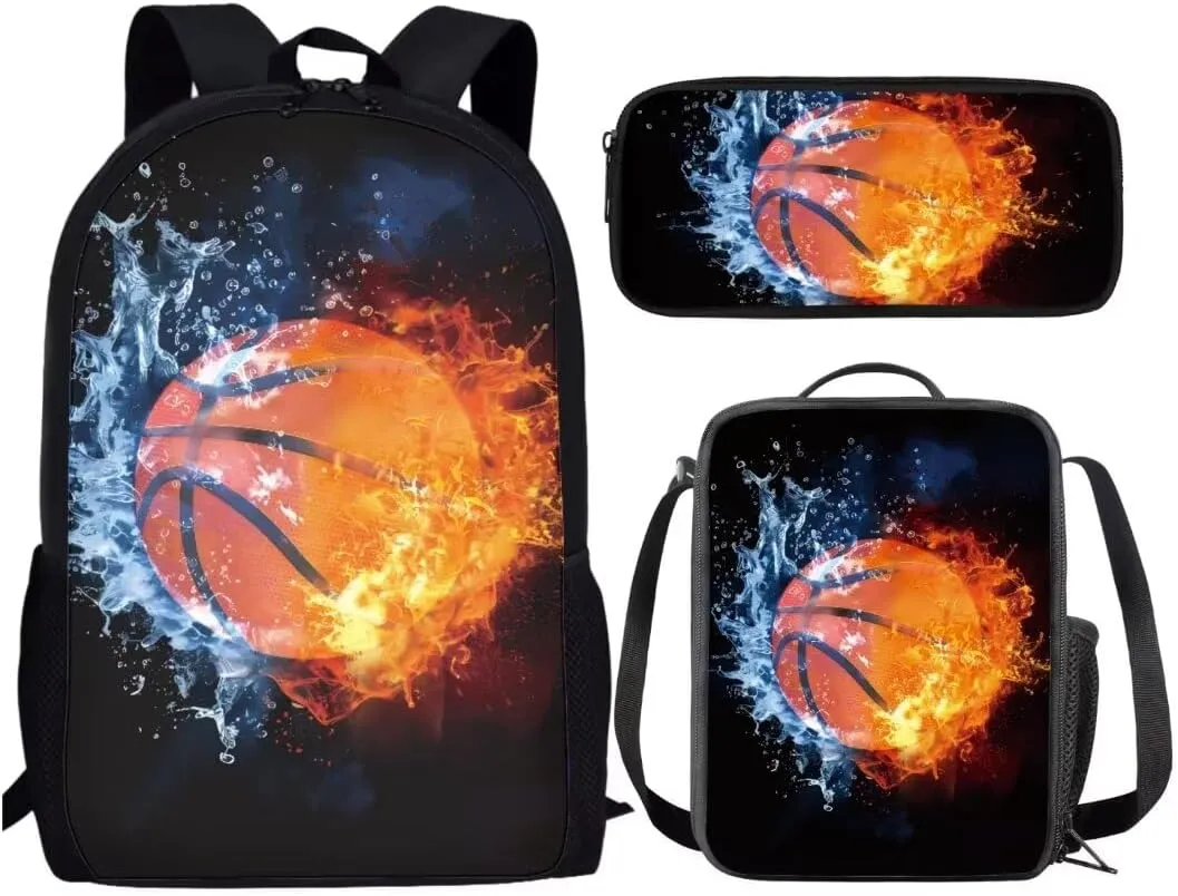 Dellukee Lightweight Backpacks For Elementary School Kids Boys Girls Backpack With Lunch Bag Pencil Case Basketball Fire Water Print