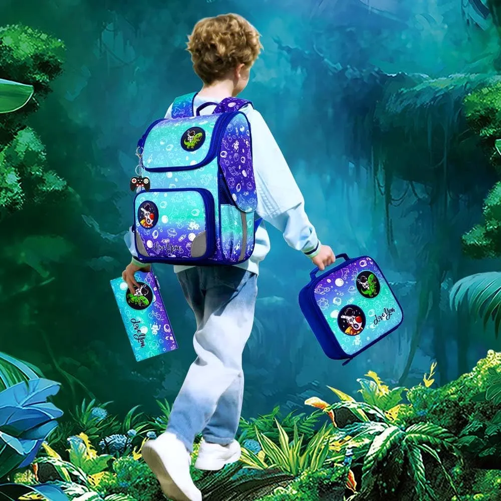 Dinosaur Backpack for Boys, 15" Preschool Bookbag with Lunch Box for Kids, 3PCS Astronaut Shcool Bag Set for Elementary Toddler