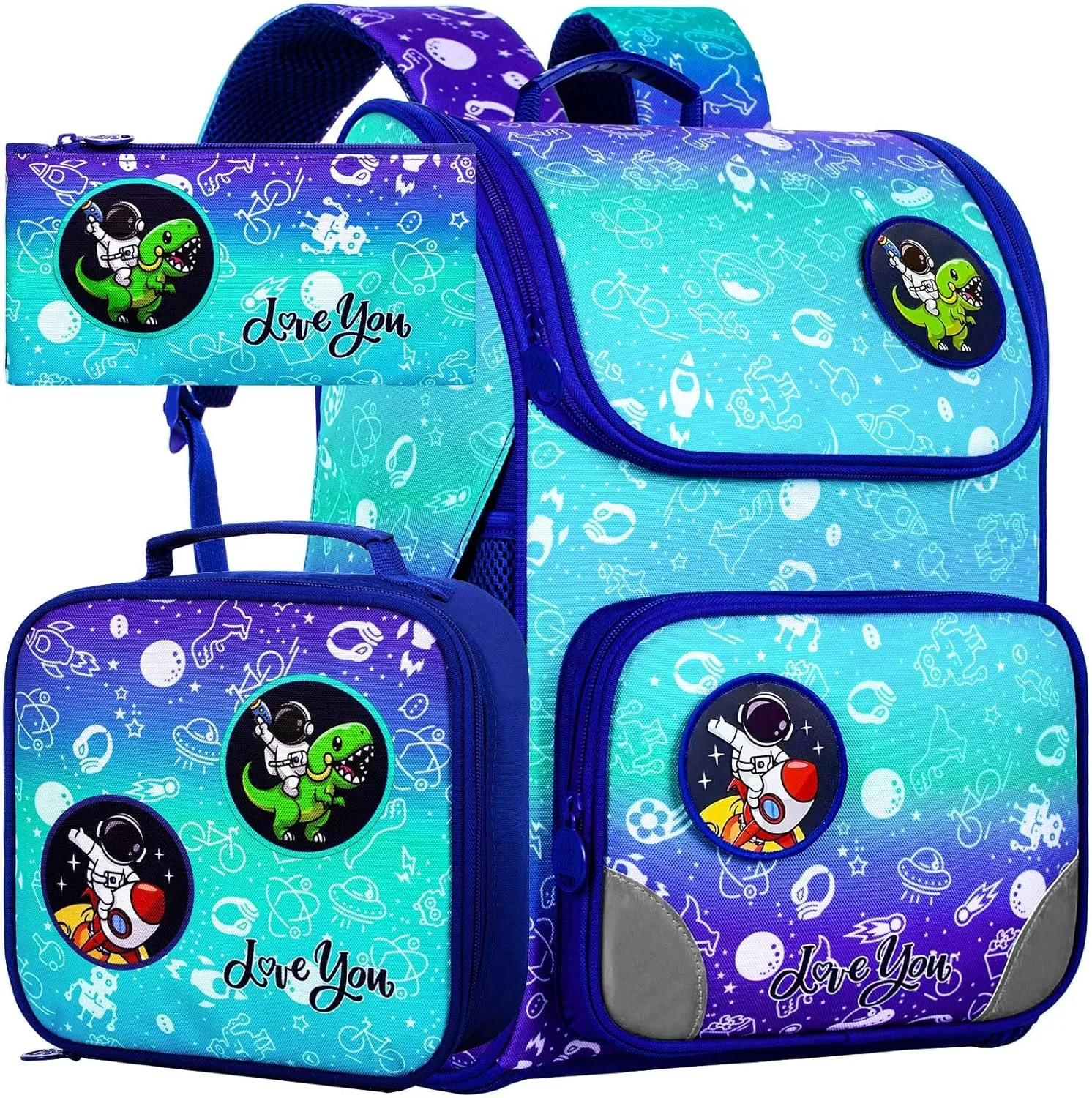 Dinosaur Backpack for Boys, 15" Preschool Bookbag with Lunch Box for Kids, 3PCS Astronaut Shcool Bag Set for Elementary Toddler