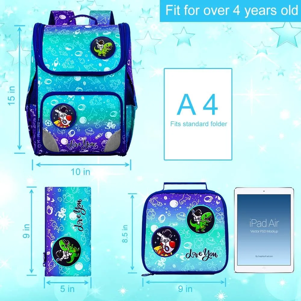 Dinosaur Backpack for Boys, 15" Preschool Bookbag with Lunch Box for Kids, 3PCS Astronaut Shcool Bag Set for Elementary Toddler