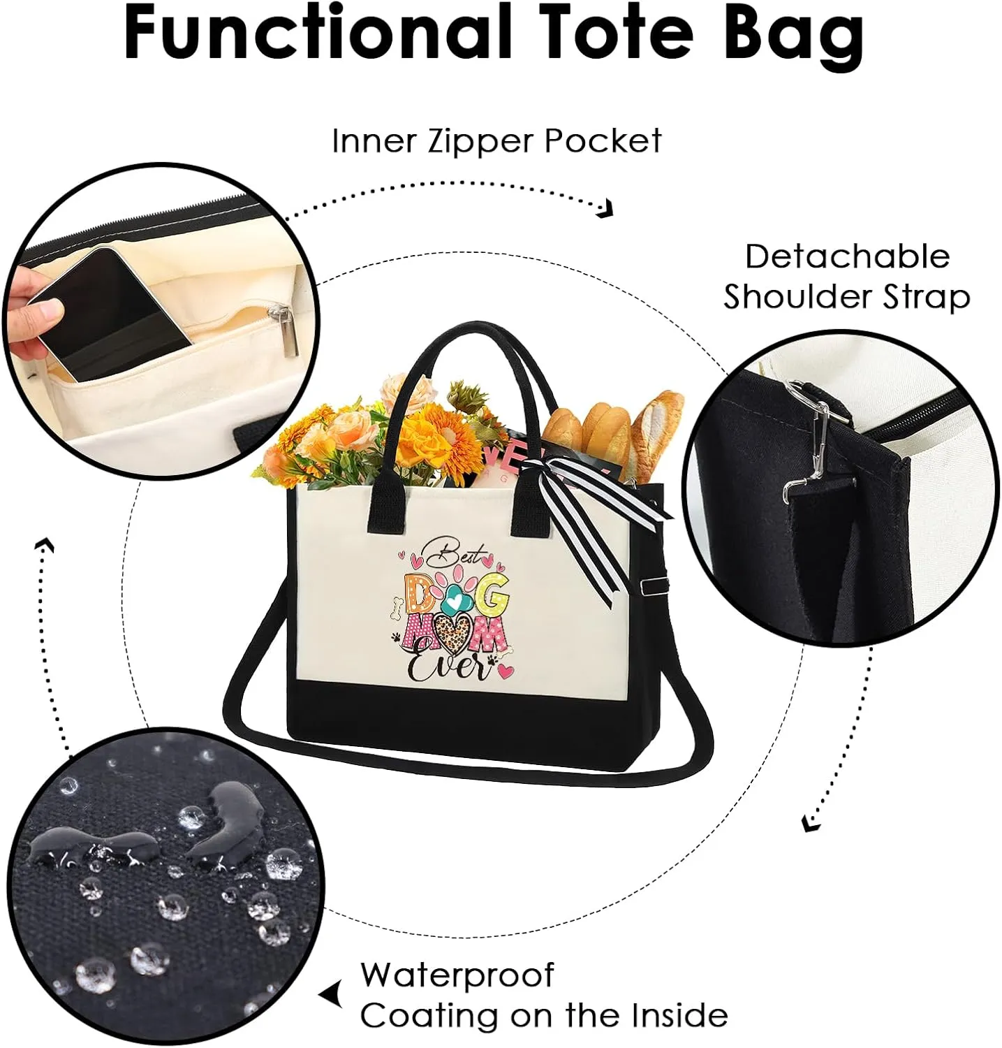 Dog Mom Tote Bag - Personalized Totes Gifts for Women Reusable Storage Handbag for Dogs Lover Girls Mama Her Birthday Mother's Day Graduation Appreciation Gift Party Beach Travel Accessories