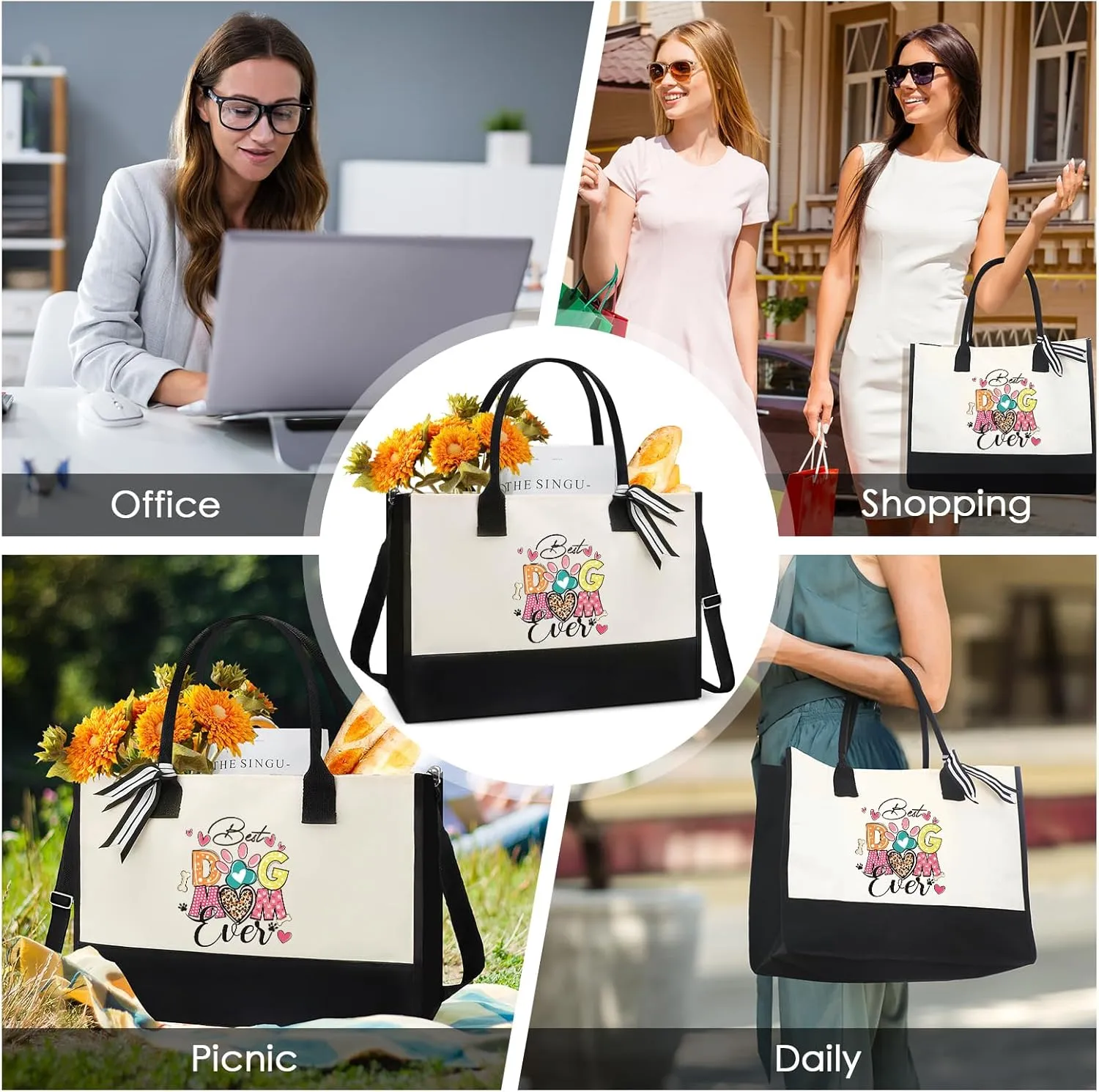 Dog Mom Tote Bag - Personalized Totes Gifts for Women Reusable Storage Handbag for Dogs Lover Girls Mama Her Birthday Mother's Day Graduation Appreciation Gift Party Beach Travel Accessories