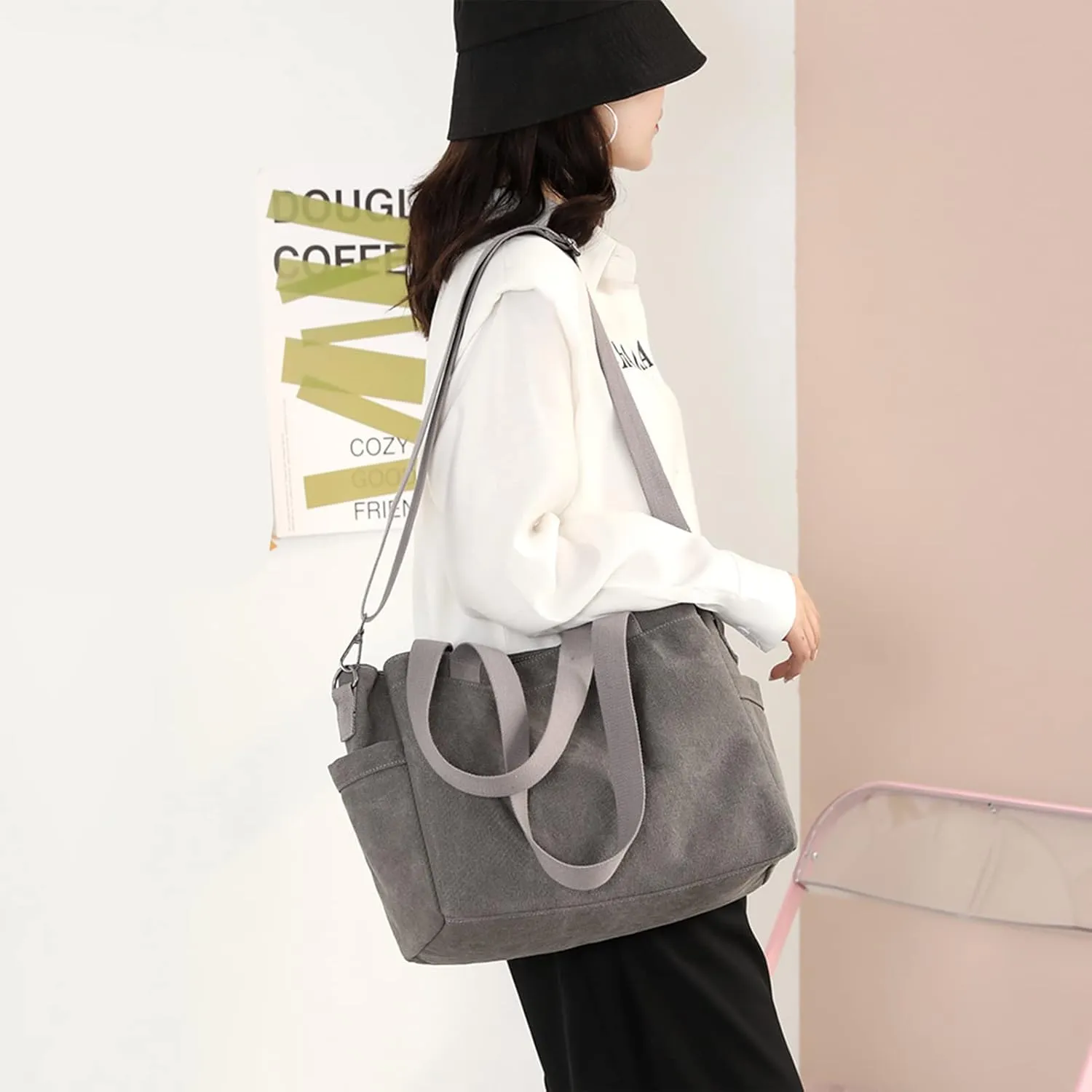 DOURR Hobo Handbags Canvas Crossbody Bags for Women, Multi Compartment Large Tote Purse for Work Travel