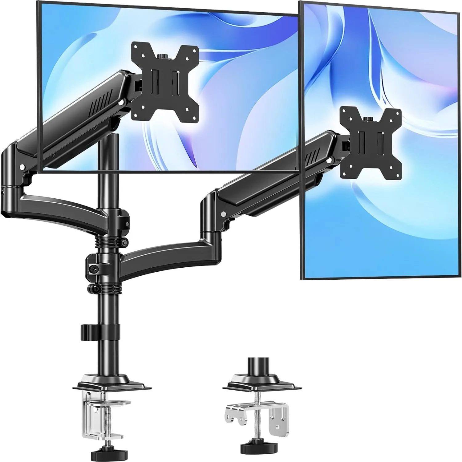 Dual Monitor Stand Holds Max 22 lbs Each, Dual Monitor Mount Height up to 26.6 inch, Gas Spring Monitors Arm for 13-32 inch Computer, VESA Mount with C-clamp & Grommet Mounting, Freelift Black