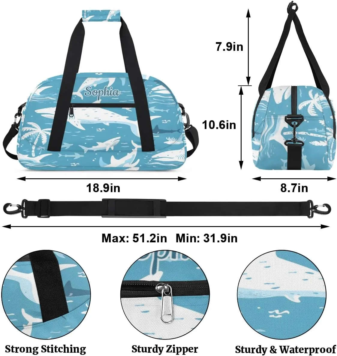Duffel Bags for Kids Gym Bag with Name Personalized Small Dance Bag for Girls Luggage Bags Kids Duffel Bag Boy Blue Sea Animals