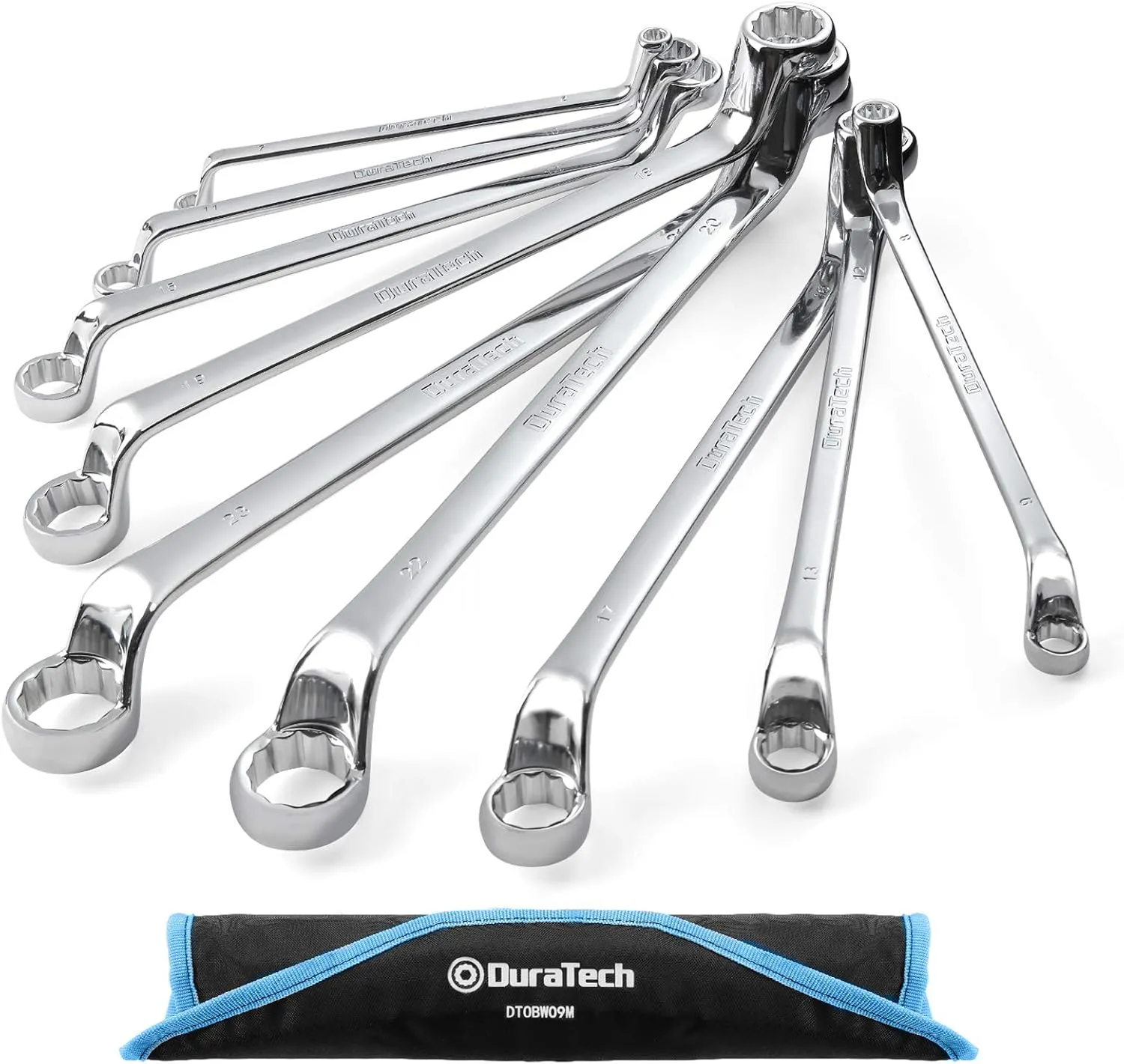 DURATECH Offset Box Wrench Set, Metric, 9-Piece, 6-23mm, 75-Degree, CR-V Steel, Organized in Rolling Pouch