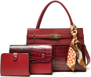 Elegant Women's Crocodile Pattern Leather Handbag Set - 3PCS Fashion Tote & Crossbody Purse