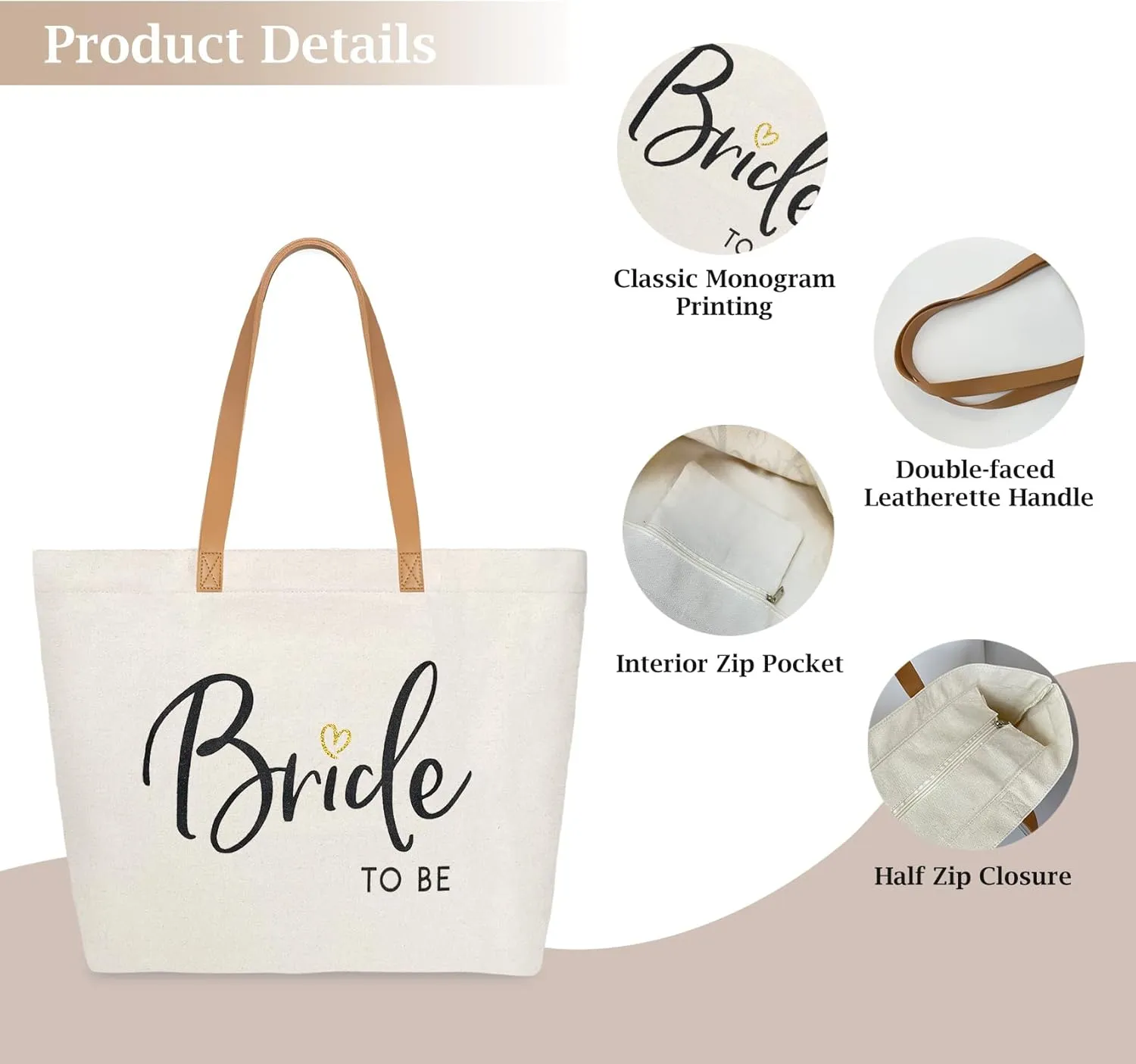 ELEGANTPARK Bride Gifts Bride to Be Bag Wedding Gifts Bridal Shower Bachelorette Party Honeymoon Large Travel Shoulder Bag Canvas Totes with Zipper