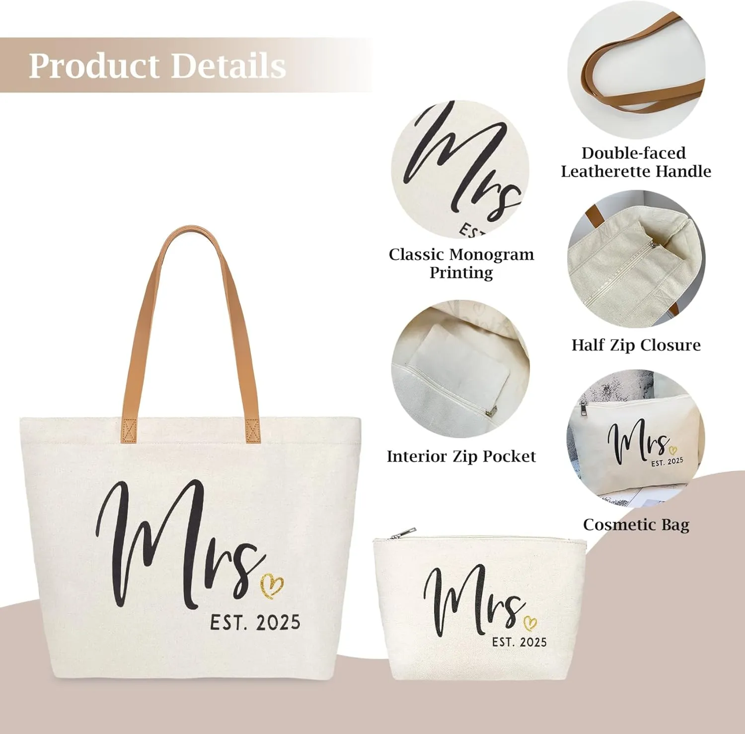 ELEGANTPARK Mrs Gifts Future Mrs. 2025 Bag Wedding Gifts for Bride Bridal Shower Bachelorette Party Honeymoon Travel Large Shoulder Bags Canvas Totes with Zipper Set of 2