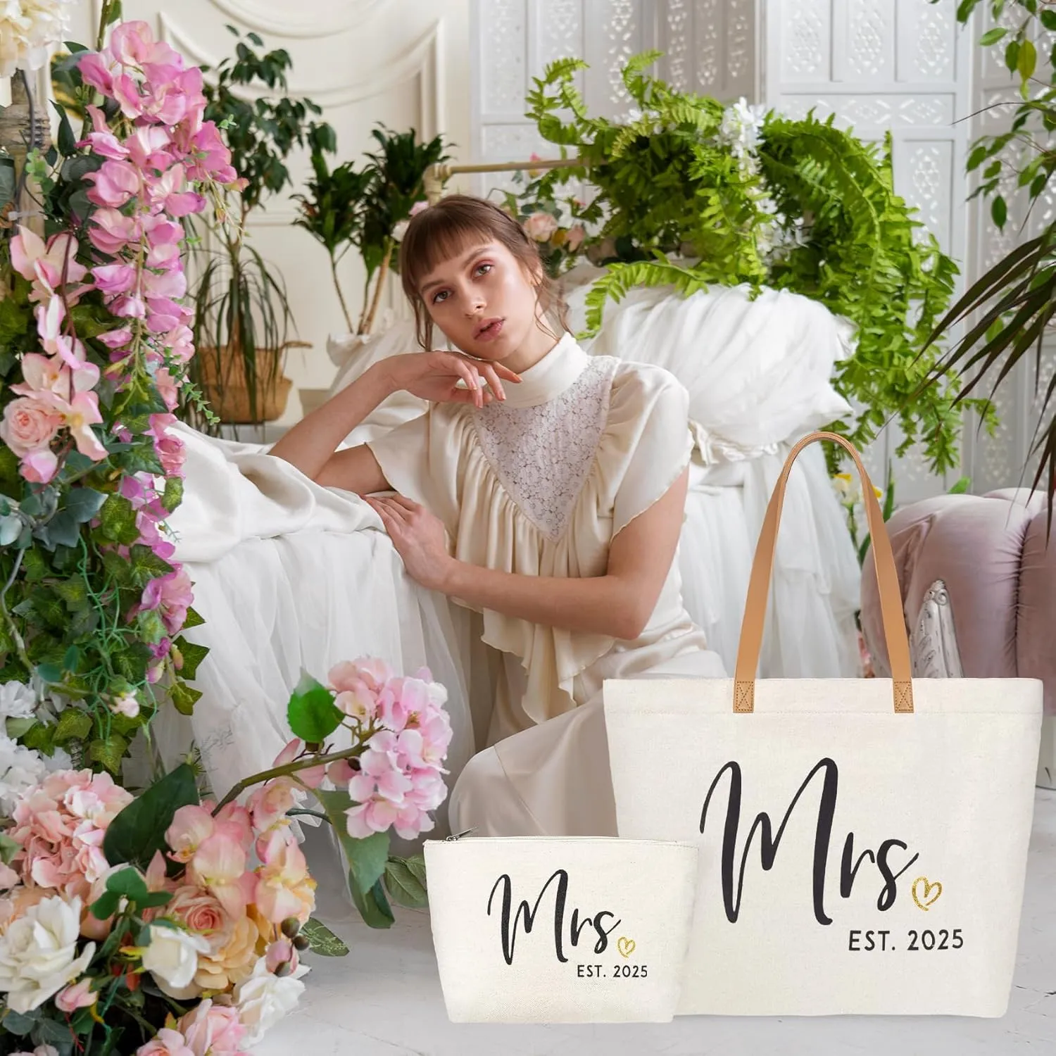ELEGANTPARK Mrs Gifts Future Mrs. 2025 Bag Wedding Gifts for Bride Bridal Shower Bachelorette Party Honeymoon Travel Large Shoulder Bags Canvas Totes with Zipper Set of 2