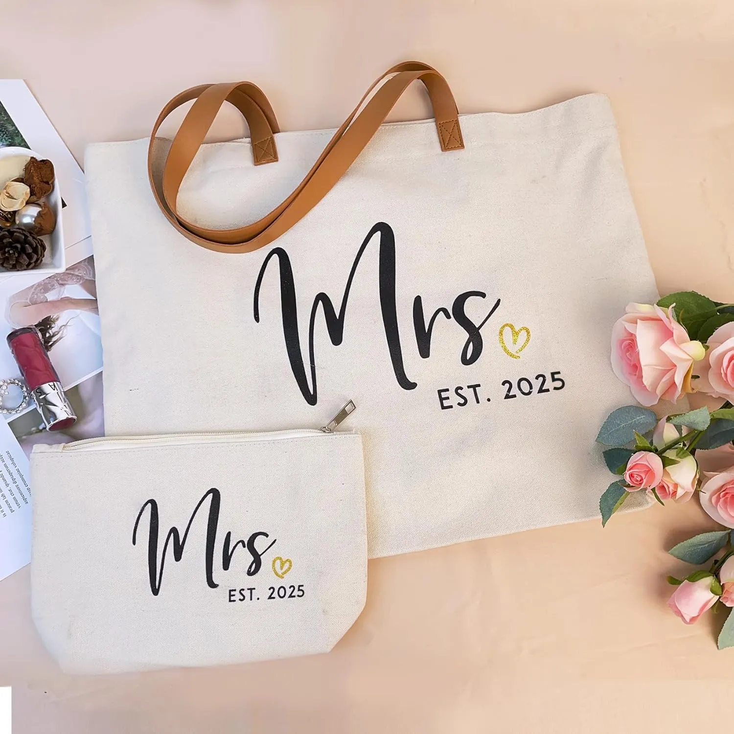 ELEGANTPARK Mrs Gifts Future Mrs. 2025 Bag Wedding Gifts for Bride Bridal Shower Bachelorette Party Honeymoon Travel Large Shoulder Bags Canvas Totes with Zipper Set of 2