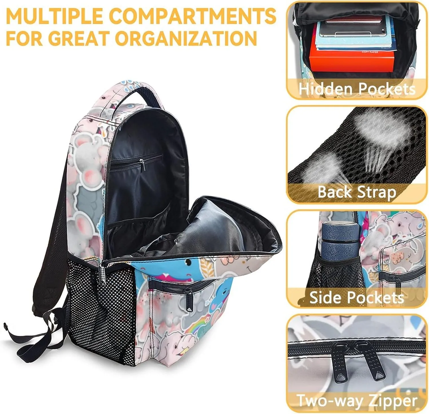 Elephant Backpacks for Girls, Boys - 16 Inch Cute Backpack for School - Large Capacity, Durable, Lightweight Bookbag for Kids Travel