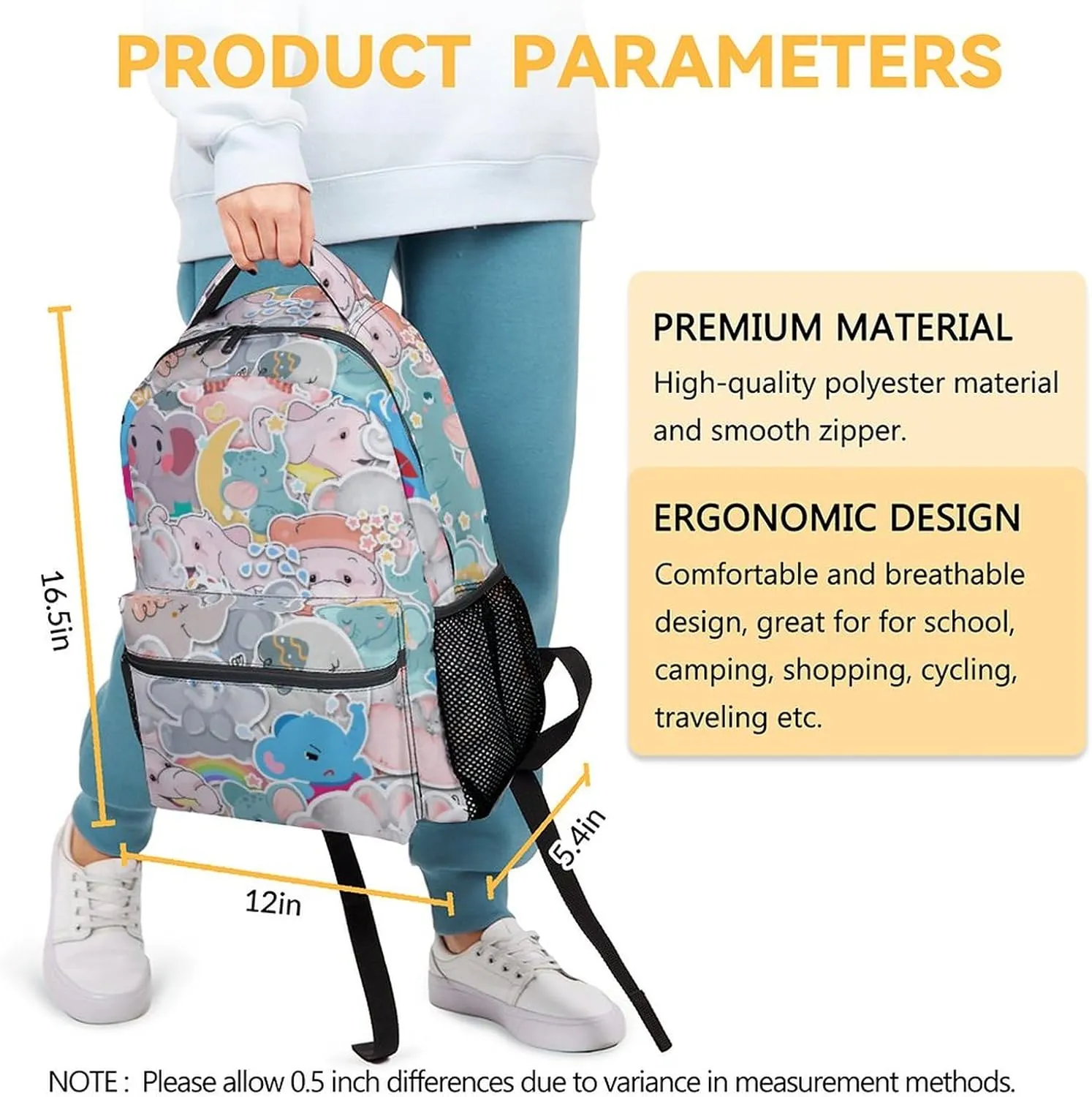 Elephant Backpacks for Girls, Boys - 16 Inch Cute Backpack for School - Large Capacity, Durable, Lightweight Bookbag for Kids Travel