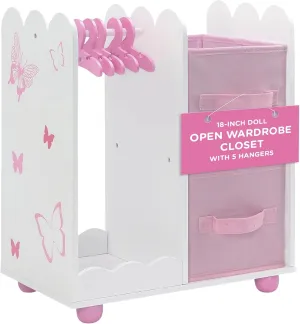 Emily Rose 18 inch Doll Clothes Wooden Open Bedroom Closet with 5 Clothing Hangers & 2 Large Storage Bins | 18" Doll & Small Pet Clothes Furniture Wardrobe - Accessories Toy Playset - Butterfly